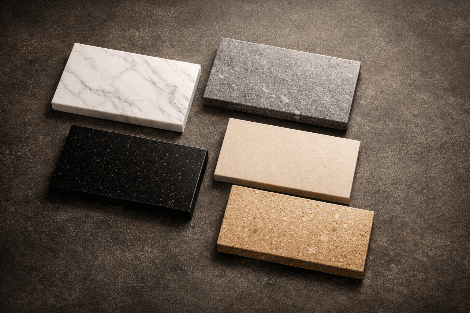 Mostre materiale premium — marmură, quartz, ceramică pentru blaturi